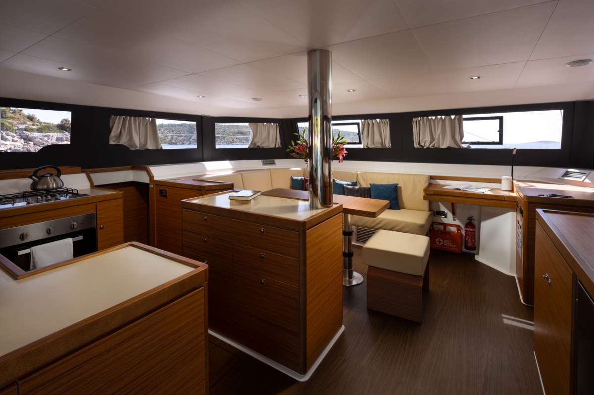Spacious luxury salon interior aboard Aquanimity Dufour 48 catamaran
