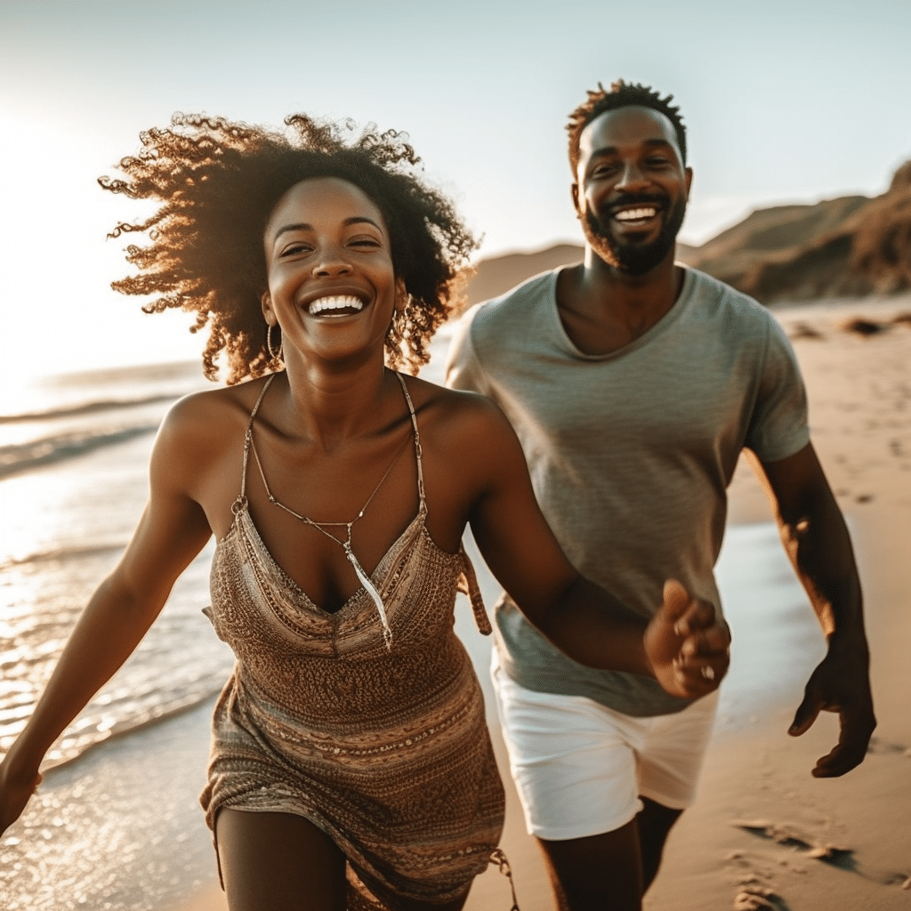 yacht chartering couple playful on the beach