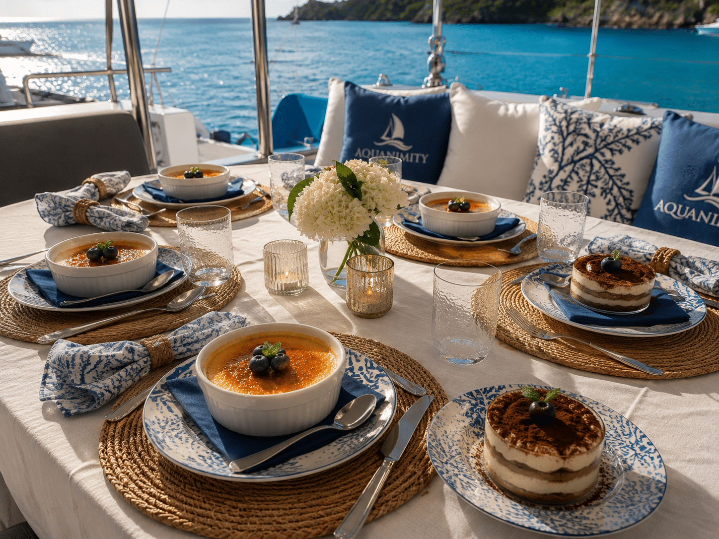 Dessert crème brûlée and tiramisu aboard Aquanimity charter