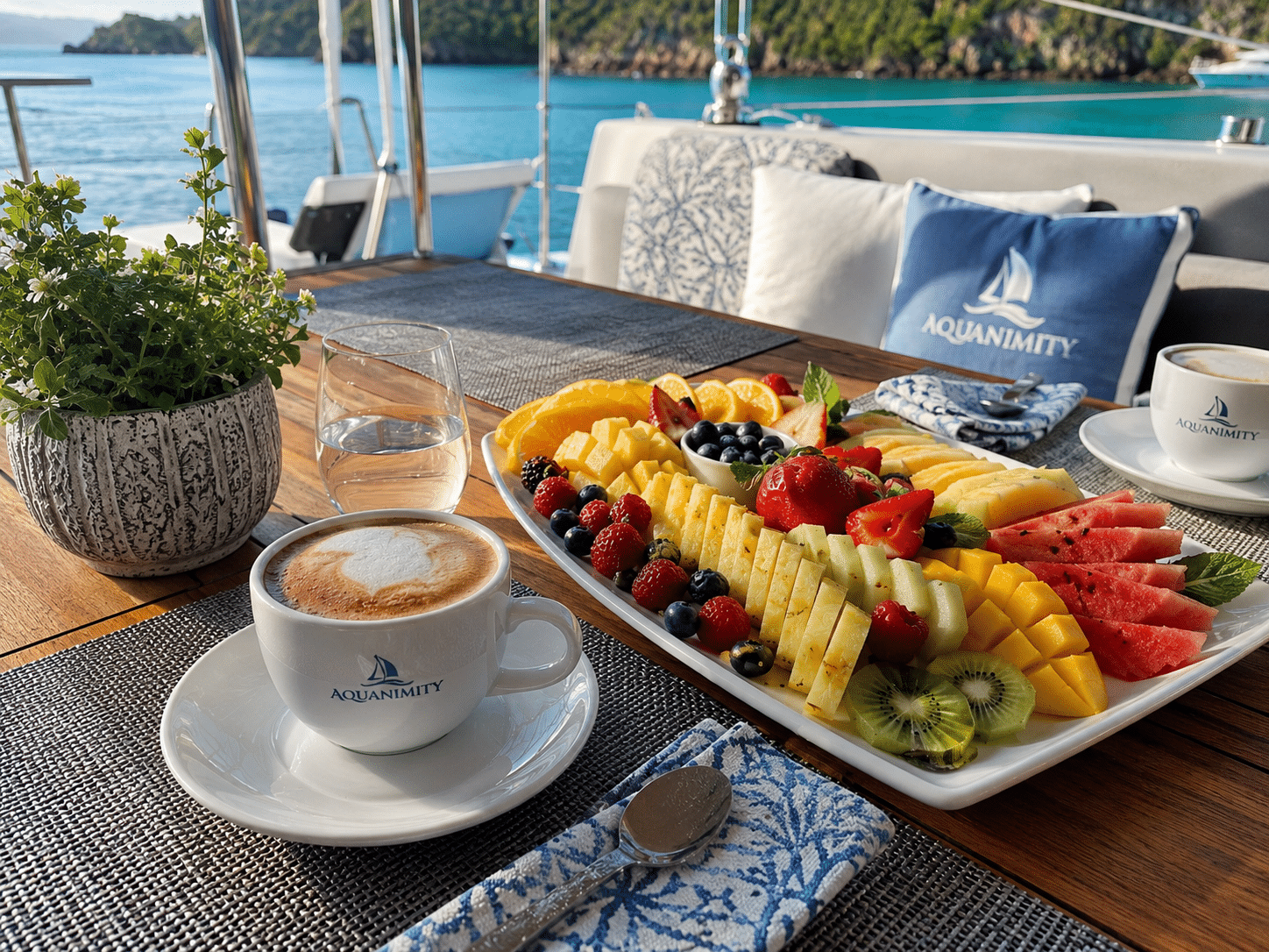 Coffee and morning fruit platter aboard private catamaran charter