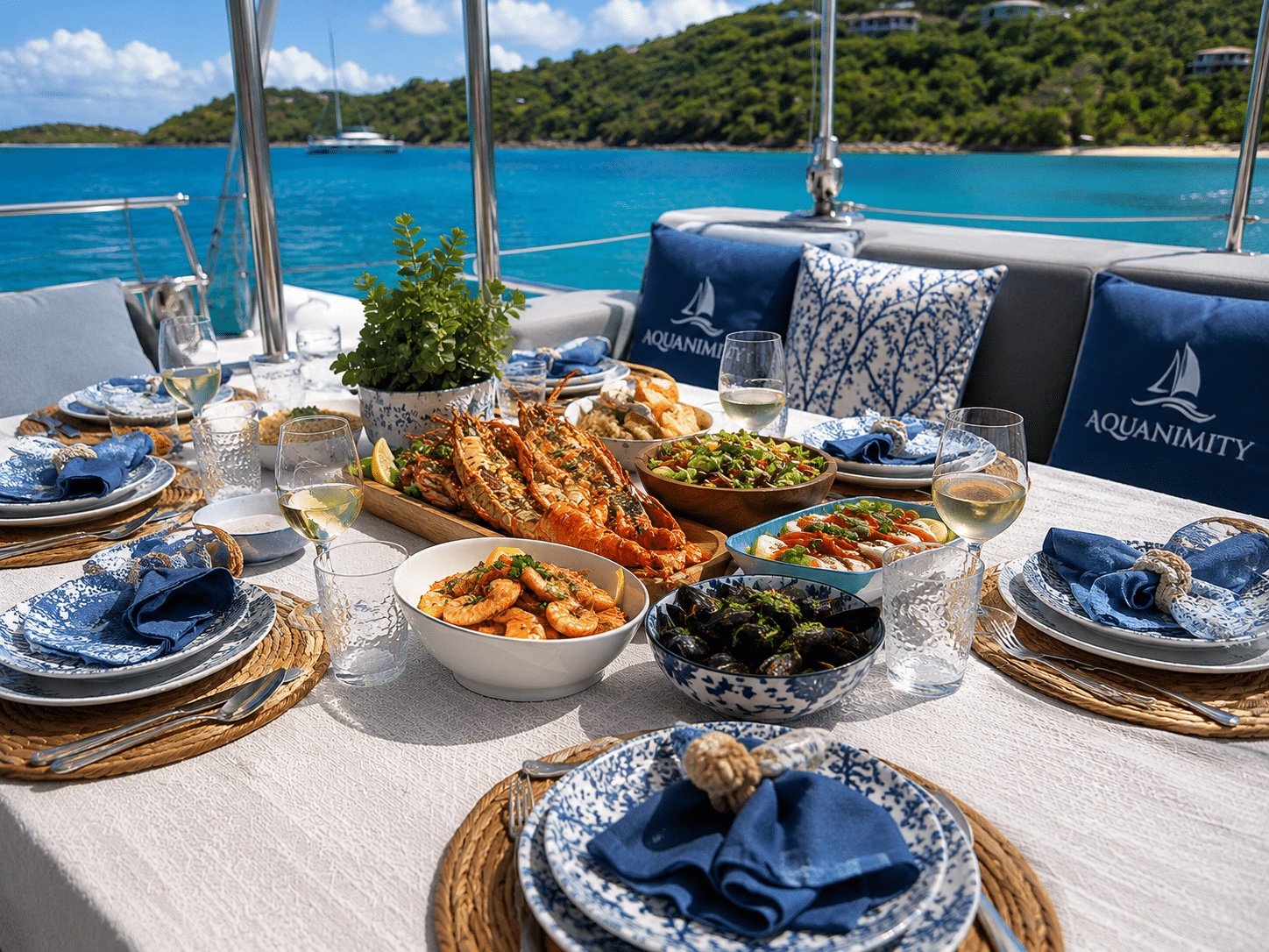 Seafood lunch spread aboard Aquanimity catamaran