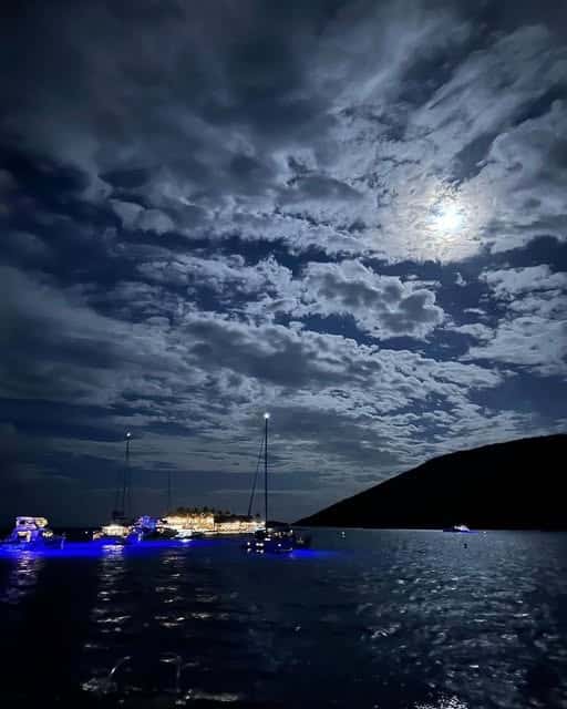Aquanimity anchored at night near Leverick Bay Virgin Gorda