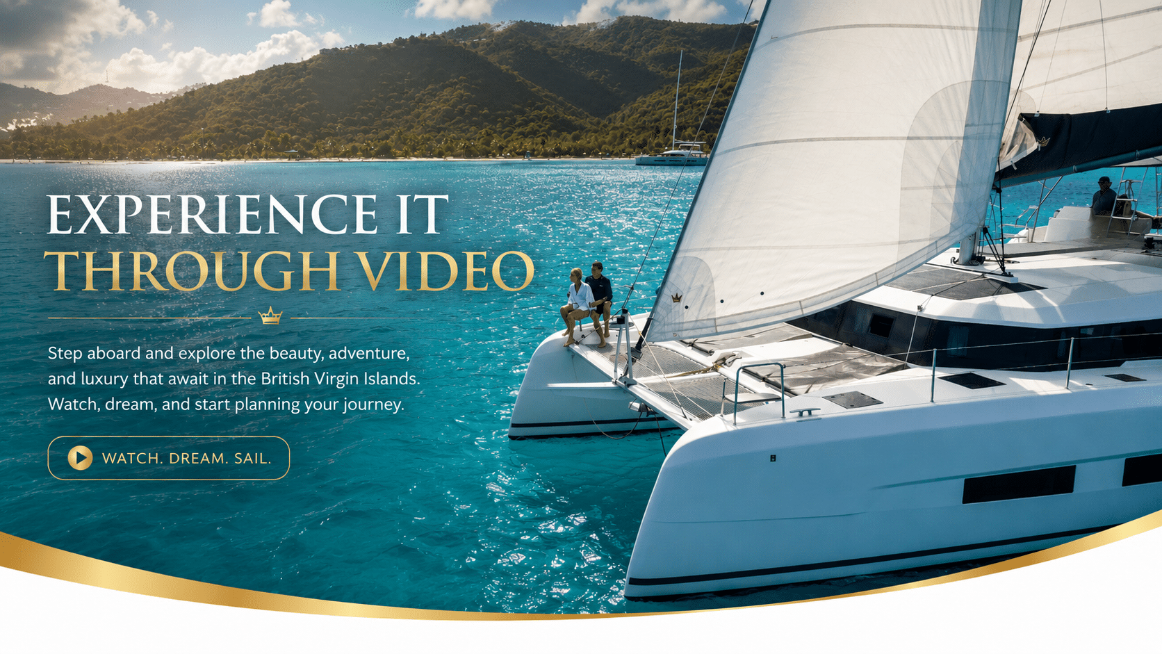 Luxury crewed catamaran sailing through turquoise Caribbean waters near tropical islands in the British Virgin Islands.