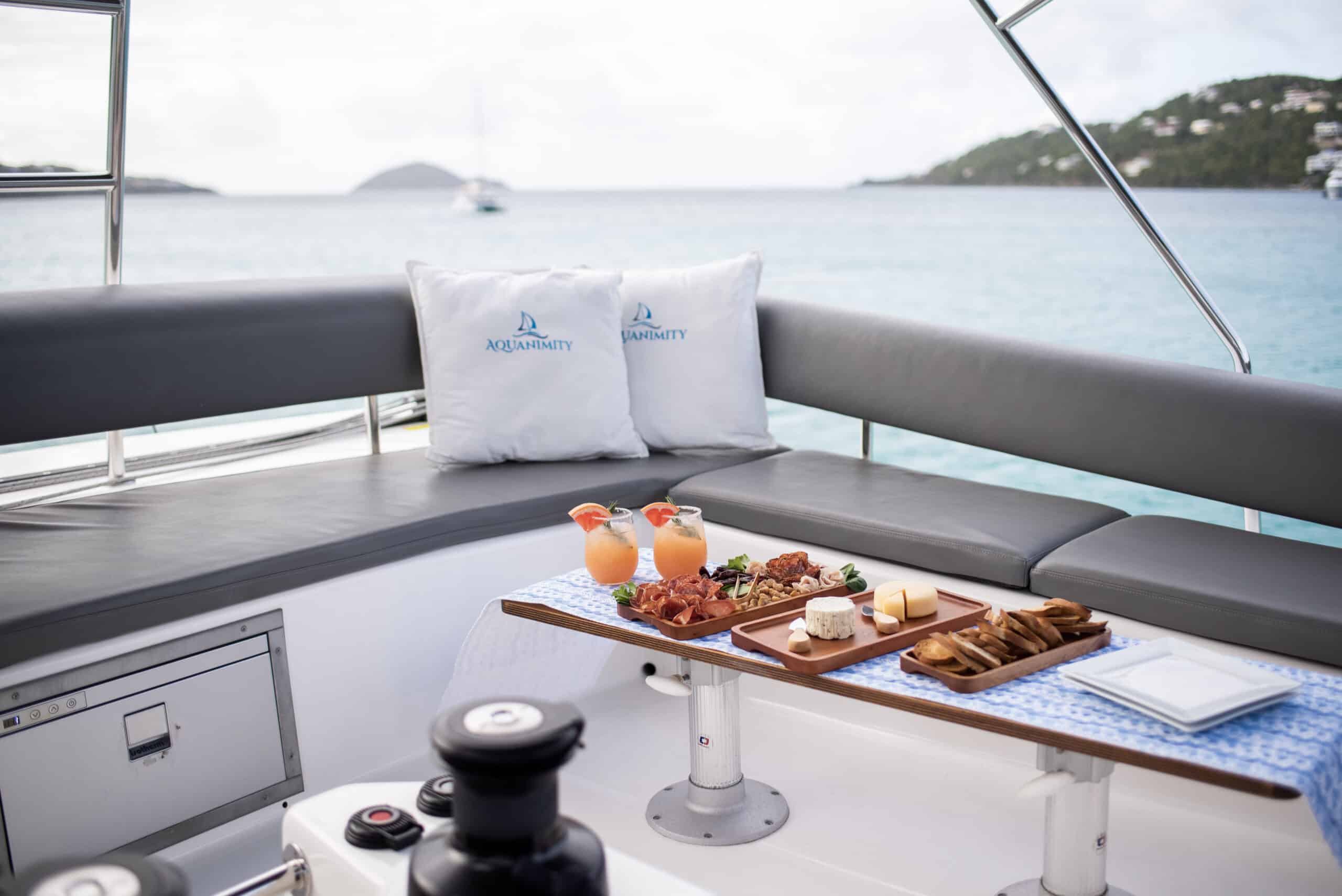 Flybridge charcuterie and cocktails aboard Aquanimity BVI charter